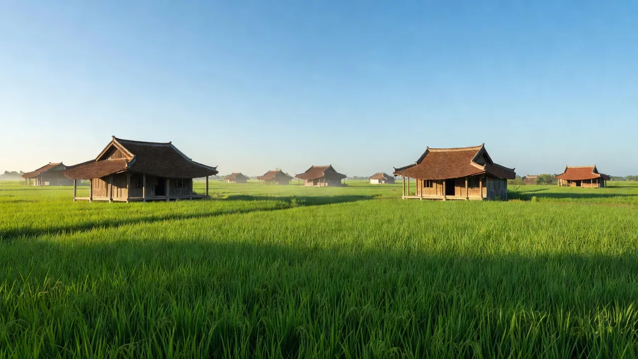 Cảnh nông thôn tại xã Hồng Quang, huyện Thanh Miện, Hải Dương với cánh đồng và ngôi nhà truyền thống.