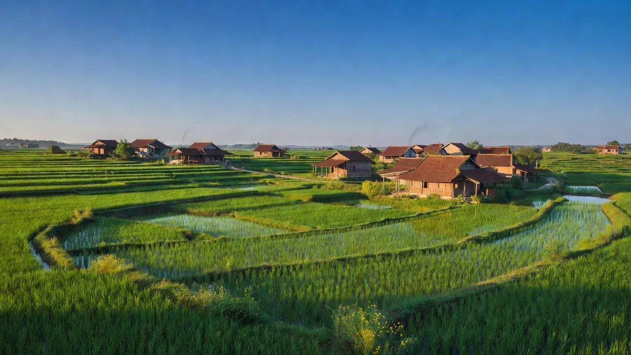 Khung cảnh bình yên ở xã Lam Sơn, huyện Thanh Miện, tỉnh Hải Dương với cánh đồng lúa xanh.