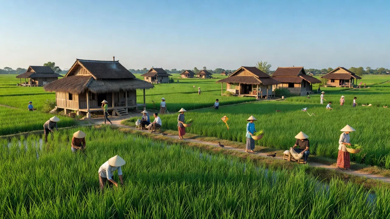 Cảnh quan thanh bình ở xã Lê Hồng, huyện Thanh Miện, tỉnh Hải Dương với ruộng xanh và nhà truyền thống.