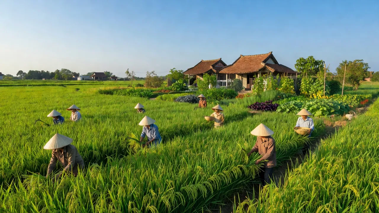 Cảnh quan Xã Ngô Quyền, Huyện Thanh Miện với cánh đồng lúa và vườn rau màu.