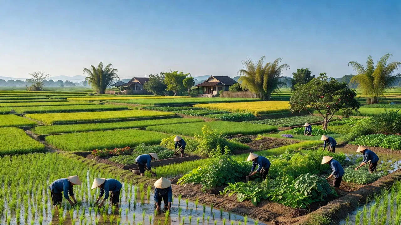 Khung cảnh xanh tươi của xã Ngô Quyền, Thanh Miện với ruộng lúa và vườn rau màu.