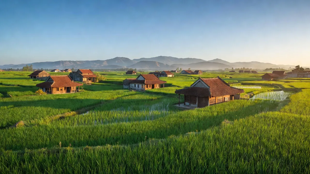 Cảnh đẹp xã Ngũ Hùng, huyện Thanh Miện, Hải Dương với cánh đồng xanh và nhà truyền thống.