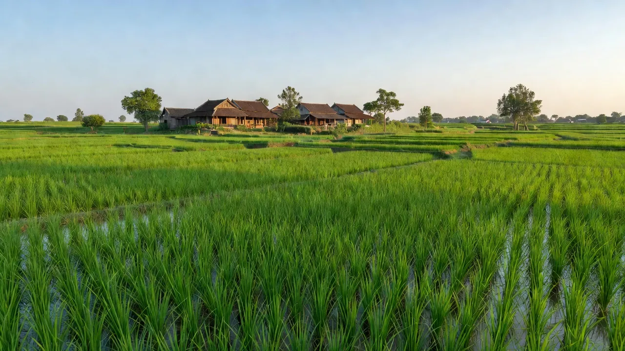 Cảnh đồng xanh tươi ở Xã Phạm Kha, huyện Thanh Miện, tỉnh Hải Dương, nổi bật với nhà truyền thống.