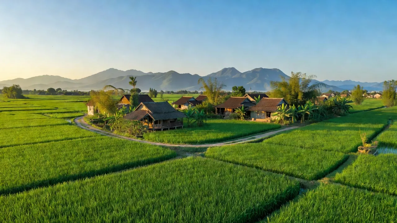 Khung cảnh xã Tân Trào, huyện Thanh Miện với ruộng xanh, nhà truyền thống và bầu trời trong xanh.