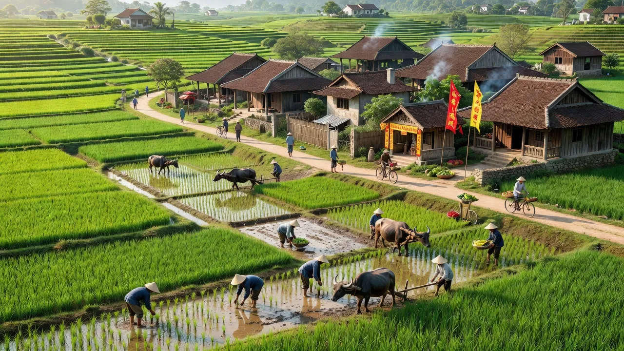 Khung cảnh làng quê xã Thanh Giang, Hải Dương với cánh đồng xanh và nhà truyền thống.