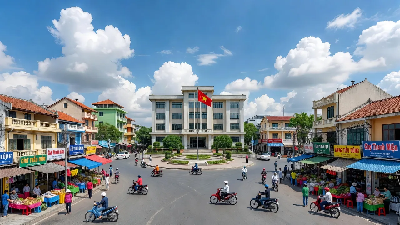 Thị trấn Thanh Miện, Hải Dương, trung tâm hành chính và văn hóa với bầu trời xanh, phát triển.