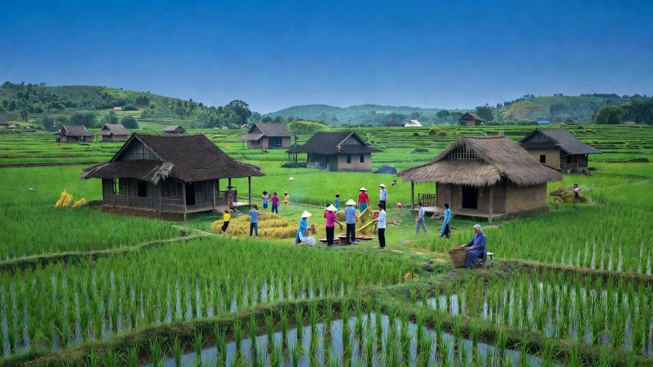 Cảnh sắc quê hương xã Thanh Tùng, huyện Thanh Miện, tỉnh Hải Dương với cánh đồng lúa và nhà truyền thống.