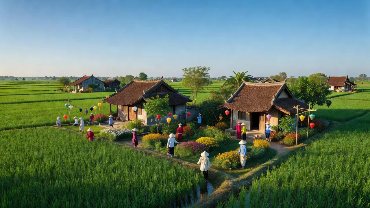 Cảnh đẹp xã Tứ Cường, huyện Thanh Miện, Hải Dương với cánh đồng xanh và nhà truyền thống.
