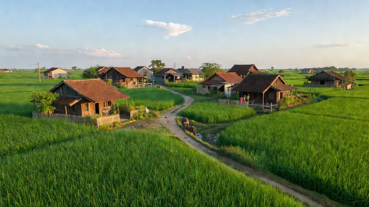 Khung cảnh làng Tứ Cường, huyện Thanh Miện, Hải Dương với đồng xanh và nhà truyền thống.