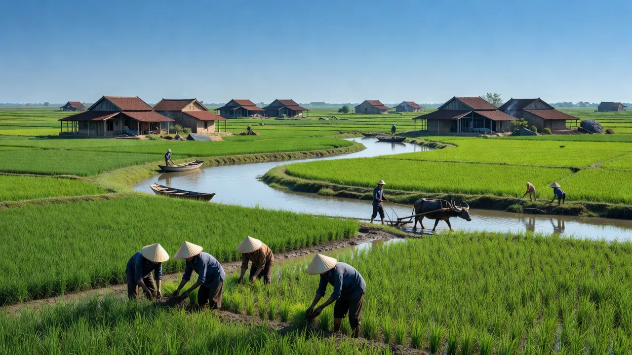 Khung cảnh hữu tình huyện Tứ Kỳ, Hải Dương với đất nông nghiệp và kiến trúc truyền thống.