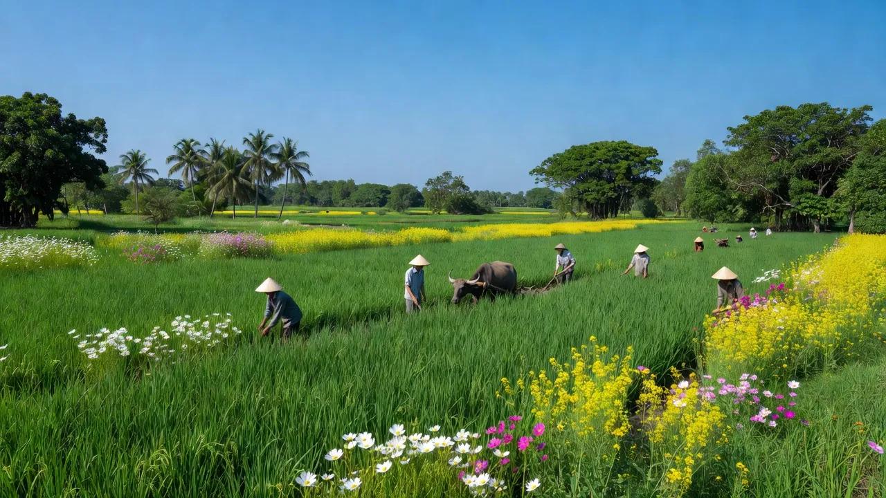 Khung cảnh huyện Tứ Kỳ, Hải Dương với đồng ruộng xanh và bầu trời trong xanh, hình ảnh nông nghiệp sôi động.
