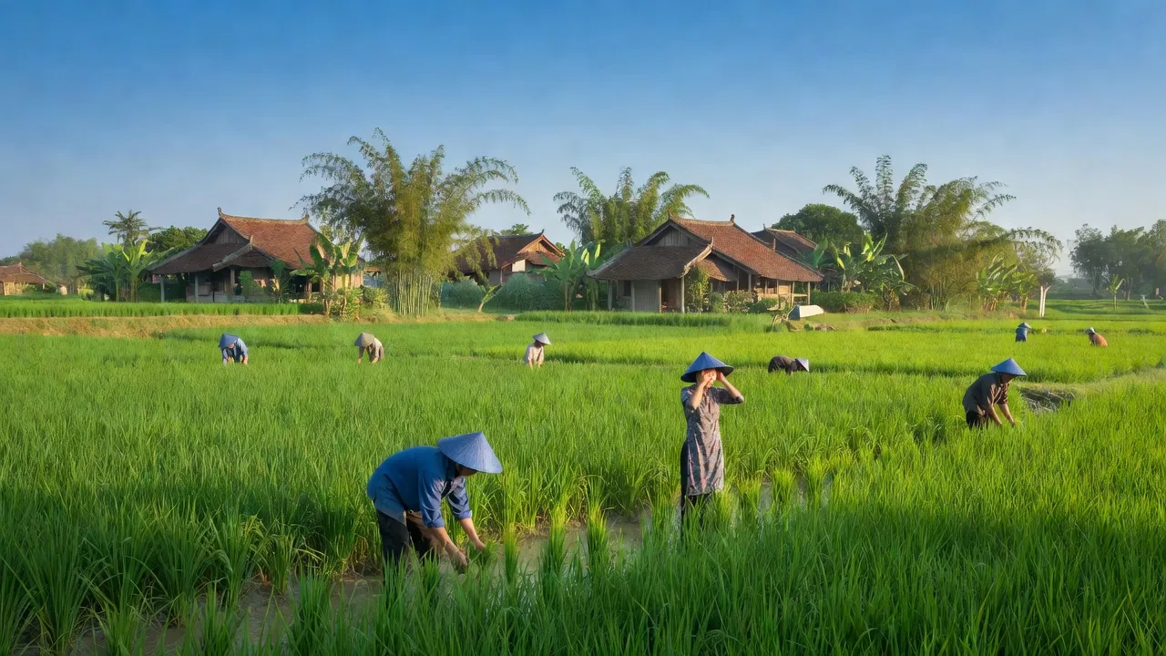 Khung cảnh yên bình tại xã Bình Lăng, huyện Tứ Kỳ, tỉnh Hải Dương với đồng ruộng xanh tươi.