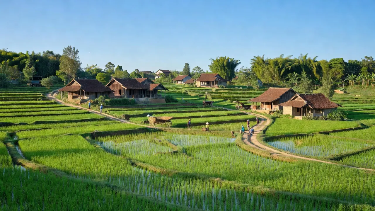 Cảnh đẹp xã Đại Hợp, huyện Tứ Kỳ, tỉnh Hải Dương với ruộng lúa và nhà truyền thống.