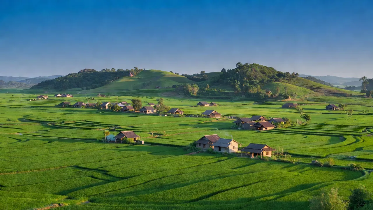 Khung cảnh Xã Đại Hợp, huyện Tứ Kỳ với ruộng lúa xanh và nhà truyền thống, Hải Dương.