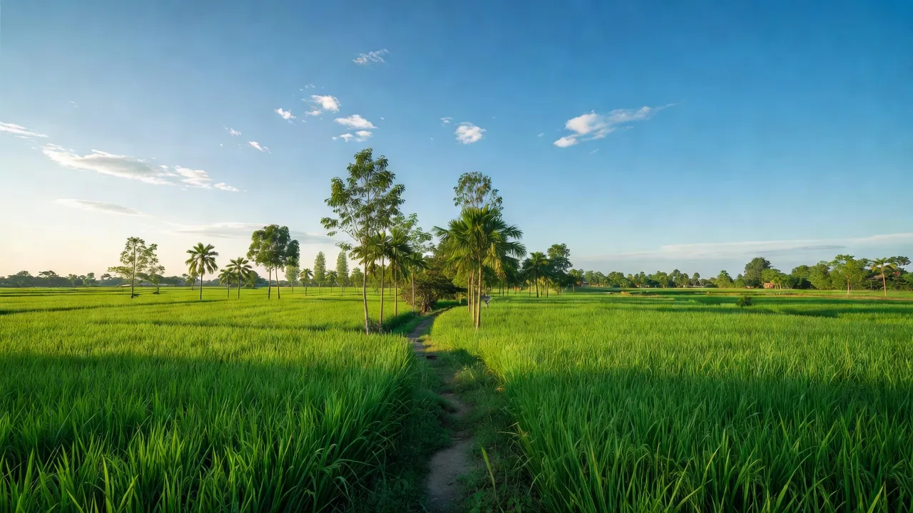 Cảnh quan xã Đại Sơn, huyện Tứ Kỳ, tỉnh Hải Dương với đồng xanh và bầu trời trong xanh.