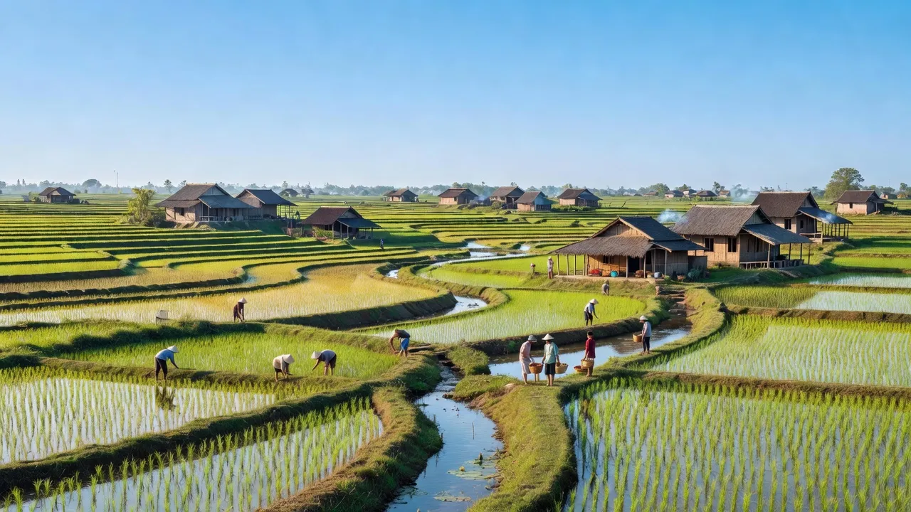 Khung cảnh bình yên của xã Dân An, huyện Tứ Kỳ, với cánh đồng xanh và nhà truyền thống.