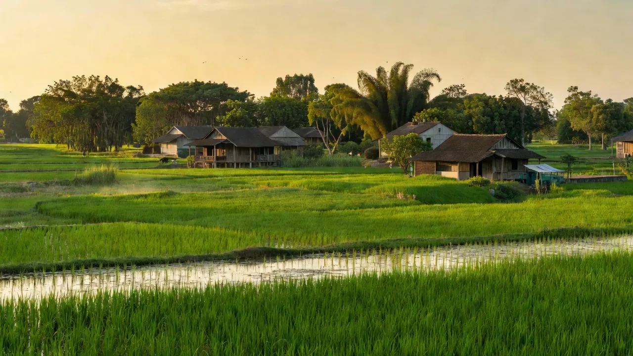 Khung cảnh làng Hà Kỳ, huyện Tứ Kỳ, Hải Dương với cánh đồng xanh và nhà truyền thống.