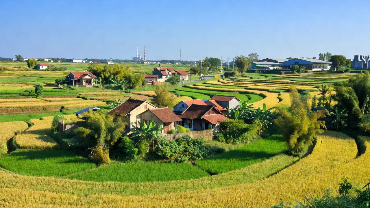 Khung cảnh làng quê Xã Hưng Đạo với cánh đồng rice xanh mướt và nhà truyền thống.