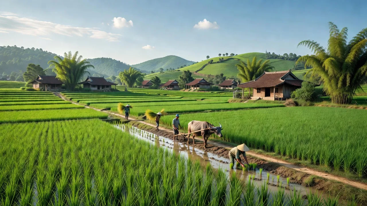 Cảnh đẹp xã Kỳ Sơn, huyện Tứ Kỳ, tỉnh Hải Dương với cánh đồng xanh mướt và nhà truyền thống.