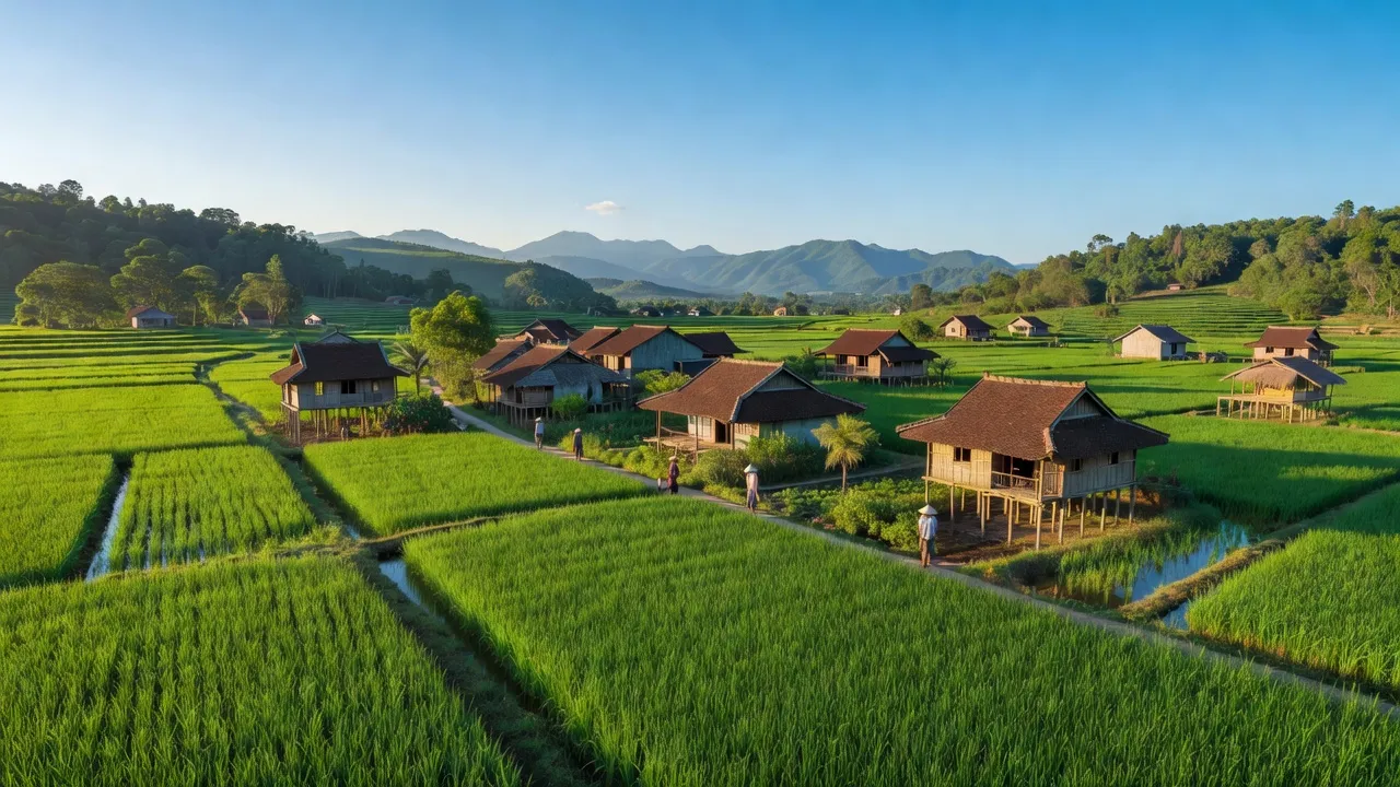 Quang cảnh xã Kỳ Sơn, huyện Tứ Kỳ, Hải Dương với ruộng xanh và nhà truyền thống.