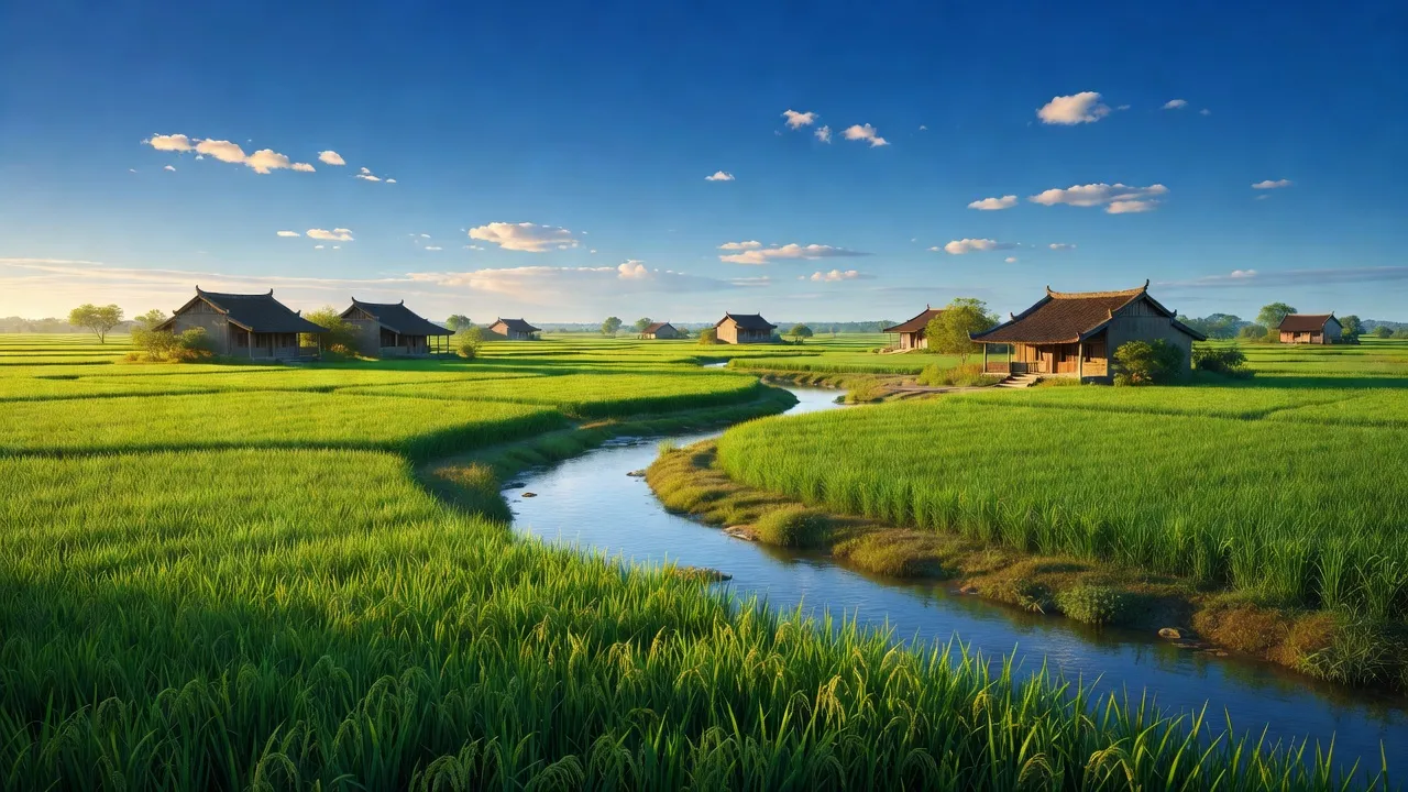 Cảnh đẹp xã Lạc Phượng, Tứ Kỳ, Hải Dương với cánh đồng xanh và nhà truyền thống.