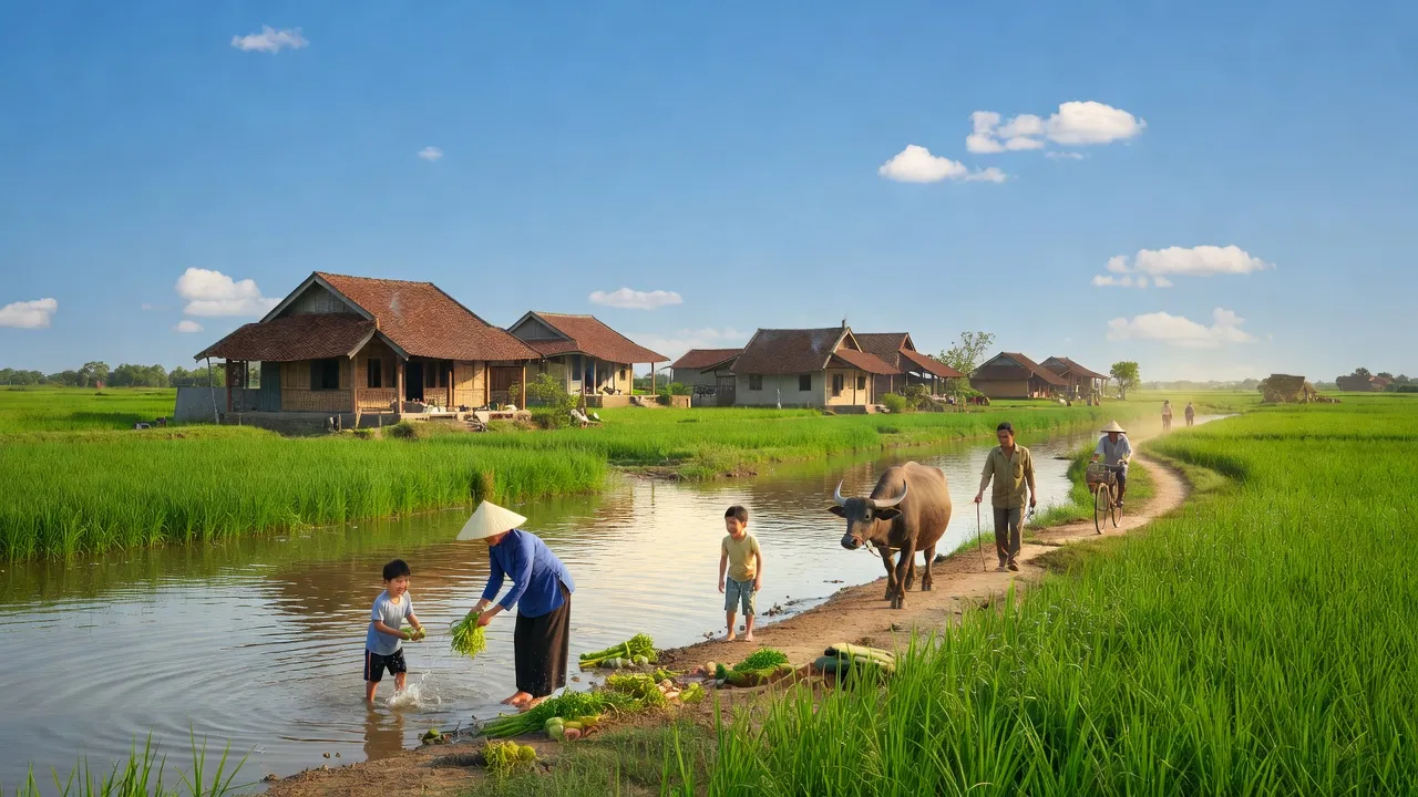Khung cảnh làng quê Minh Đức, Tứ Kỳ, Hải Dương với sông và nhà truyền thống.