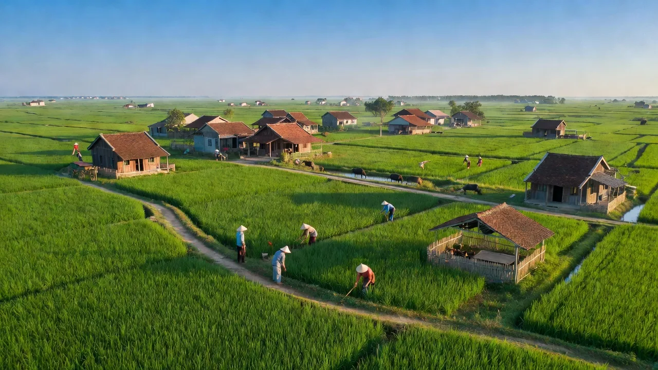 Cảnh đẹp xã Quang Khải, huyện Tứ Kỳ, Hải Dương với đồng lúa xanh tươi và nhà truyền thống.