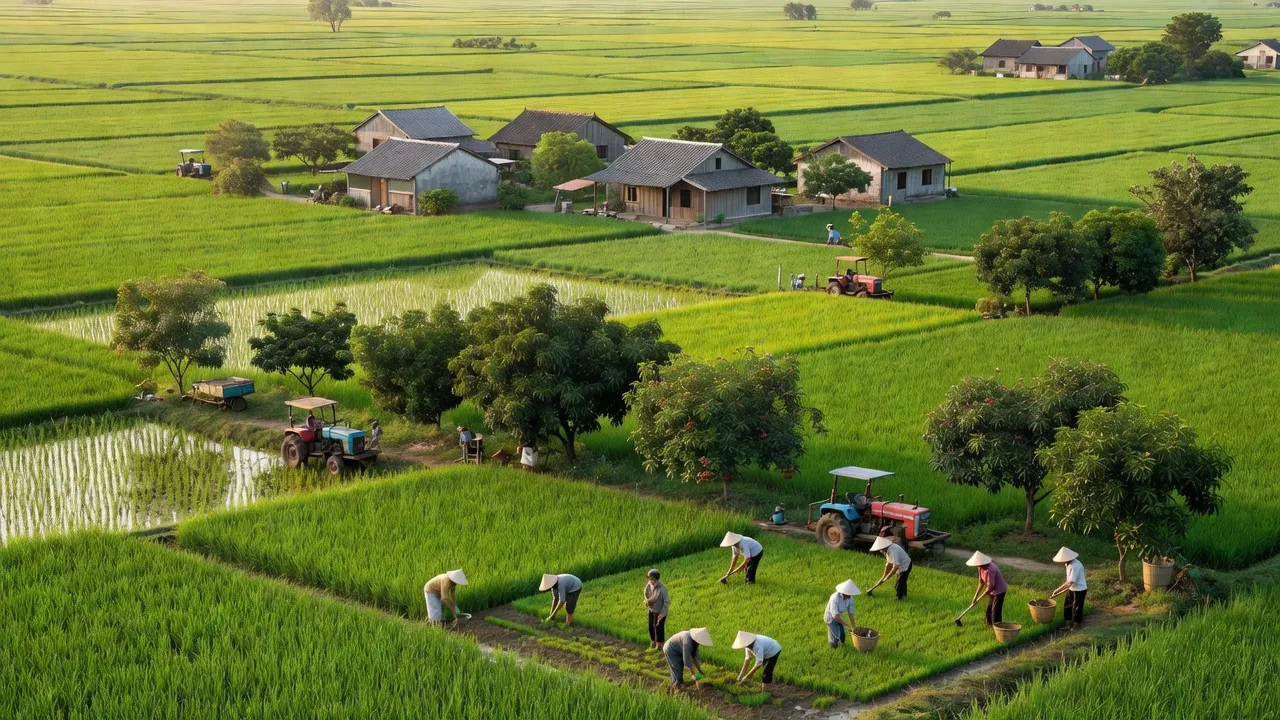 Cảnh đẹp xã Quang Trung, huyện Tứ Kỳ, Hải Dương với đồng xanh và nhà vườn truyền thống.