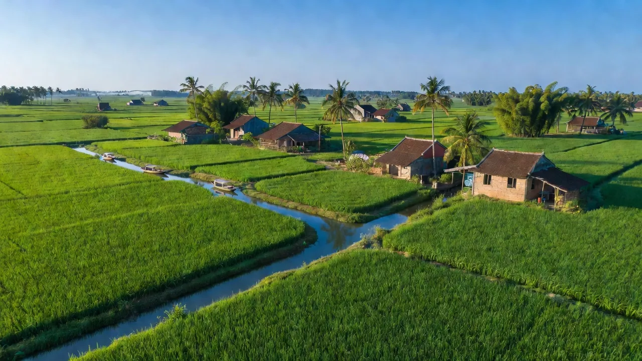 Cảnh đẹp xã Tiên Động, huyện Tứ Kỳ, Hải Dương với đồng xanh và kênh mương.