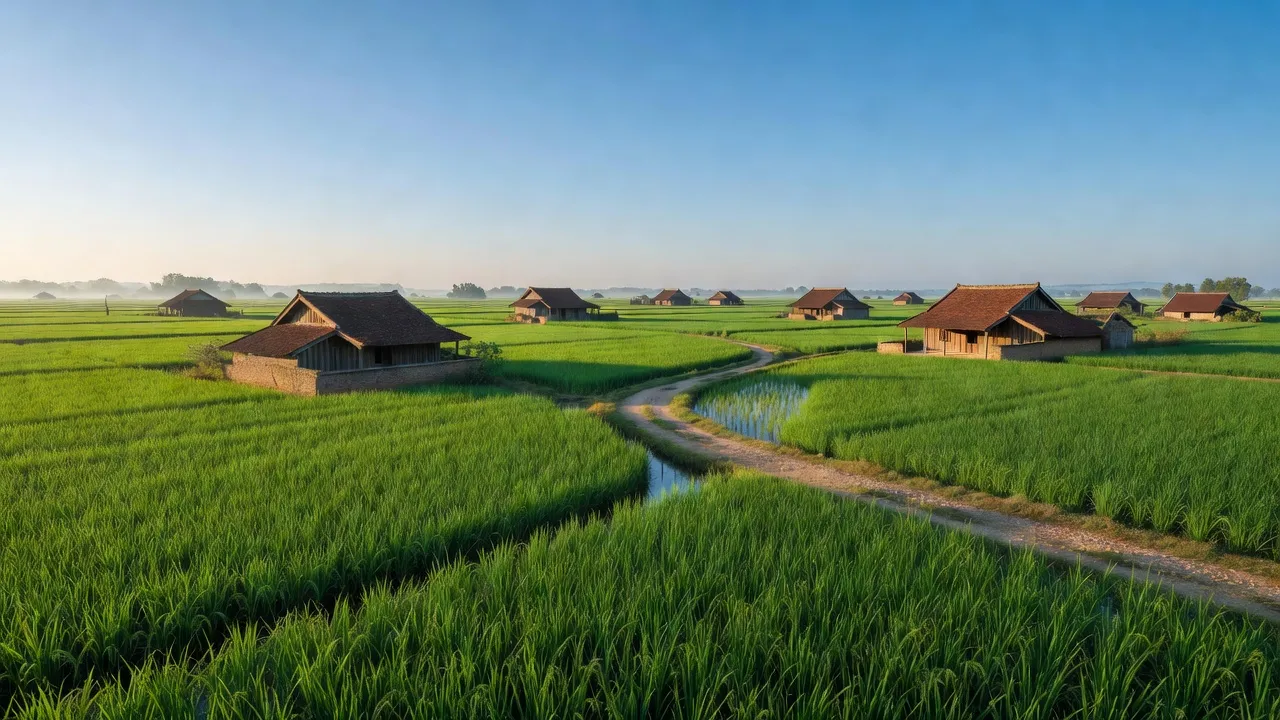 Cảnh đẹp nông thôn xã Văn Tố, huyện Tứ Kỳ, tỉnh Hải Dương với cánh đồng xanh tươi.