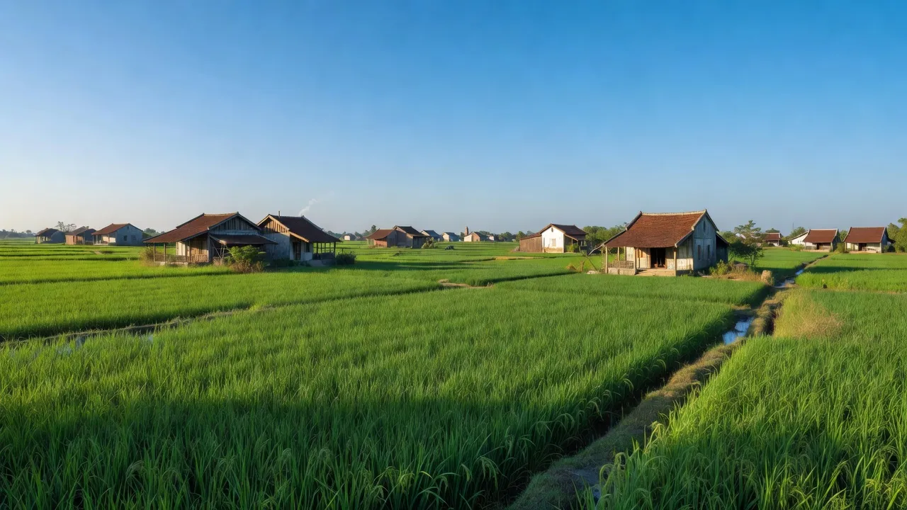 Cảnh làng Văn Tố, huyện Tứ Kỳ, Hải Dương, với cánh đồng xanh và nhà truyền thống.