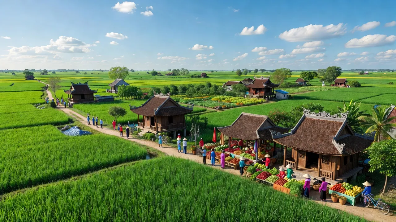 Khung cảnh tỉnh Hải Dương với ruộng xanh, kiến trúc truyền thống và trời nắng đẹp.