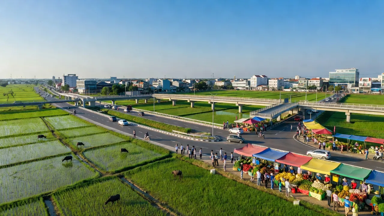 Cảnh quan huyện An Lão, Hải Phòng với cánh đồng xanh và cơ sở hạ tầng hiện đại.
