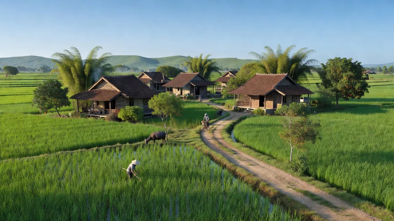 Cảnh đẹp Xã An Thái, huyện An Lão, Hải Phòng với đồng xanh và nhà truyền thống.