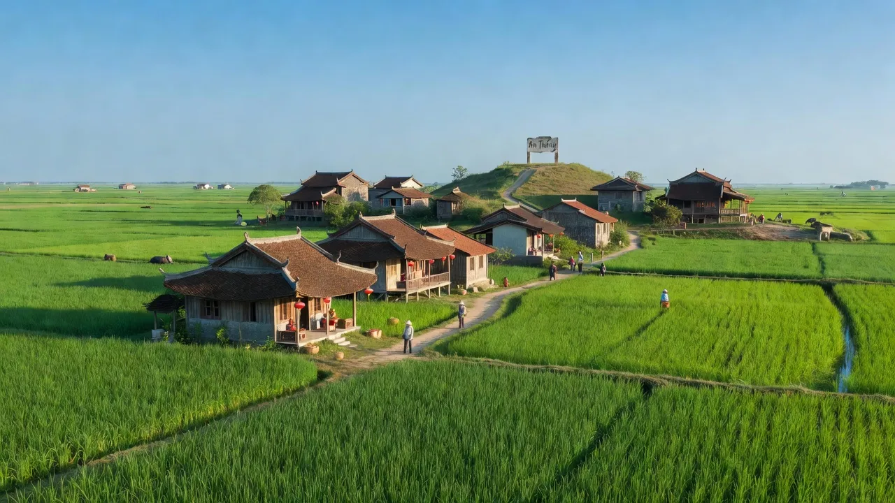 Khung cảnh cao nguyên xanh tươi của xã An Thắng, huyện An Lão, Hải Phòng, với nhà truyền thống và cánh đồng.