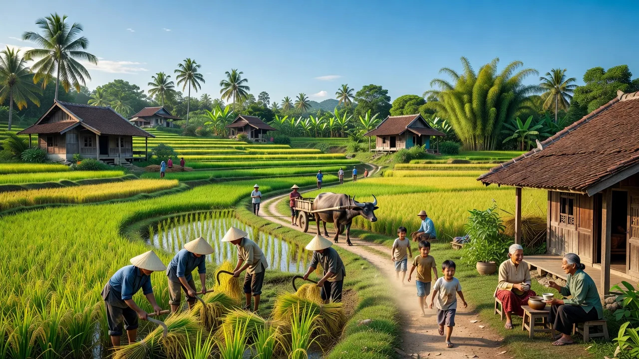 Cảnh đẹp xã An Thọ, huyện An Lão, Hải Phòng với cánh đồng xanh và nhà truyền thống.