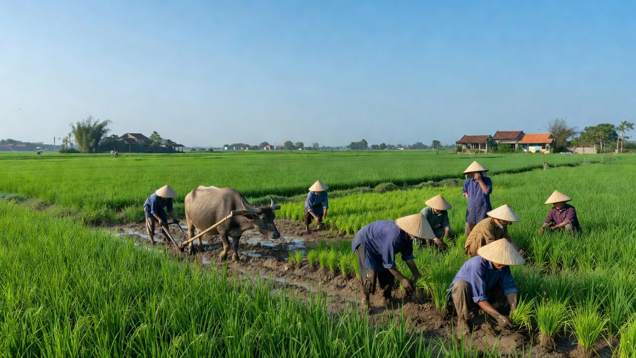 Khung cảnh làng Bát Trang, huyện An Lão, Hải Phòng với cánh đồng xanh và nông dân làm việc.
