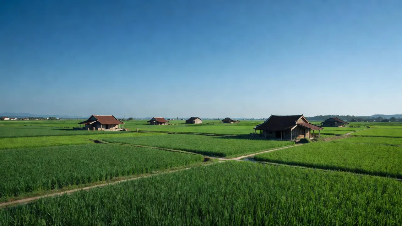 Phong cảnh nông thôn Xã Bát Trang, Huyện An Lão, Hải Phòng với cánh đồng xanh và nhà truyền thống.