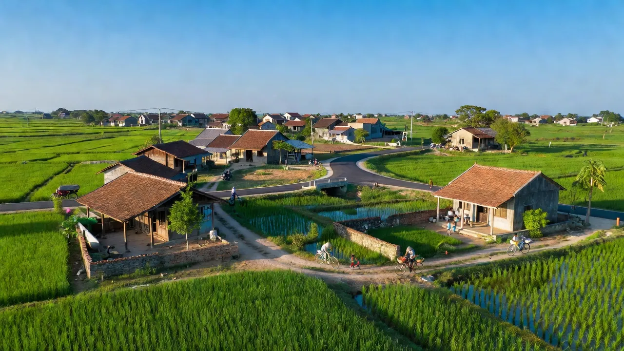 Cảnh đẹp xã Mỹ Đức, huyện An Lão, Hải Phòng với cánh đồng xanh và nhà truyền thống.