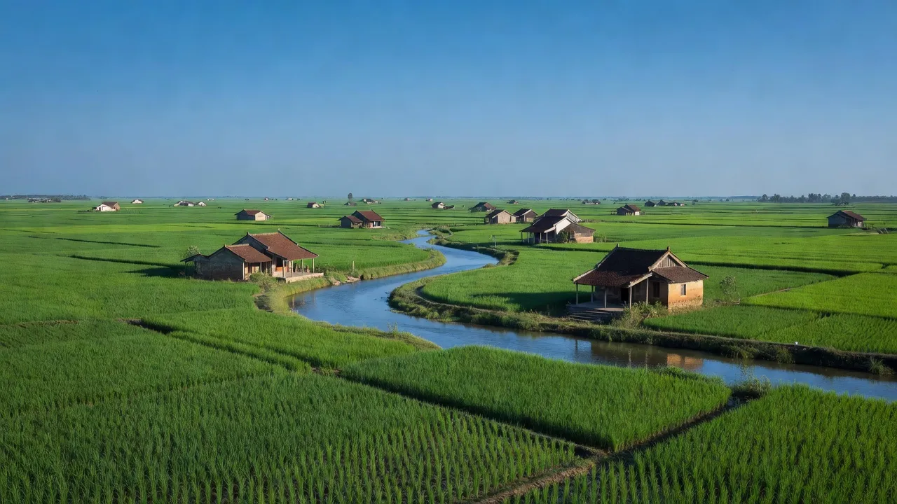 Cảnh đẹp xã Mỹ Đức, huyện An Lão, Hải Phòng với đồng xanh và sông nước uốn lượn.