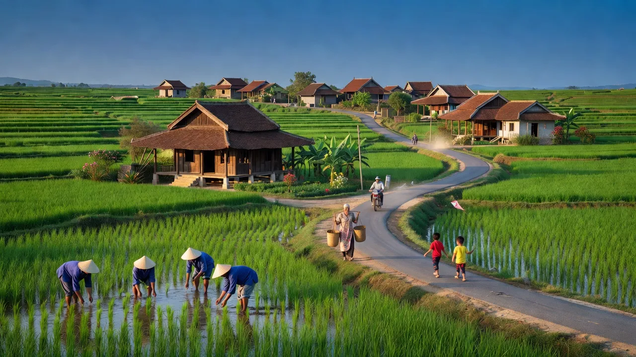 Quang Hưng village in An Lão, Hải Phòng, with rice fields and traditional houses under blue sky.