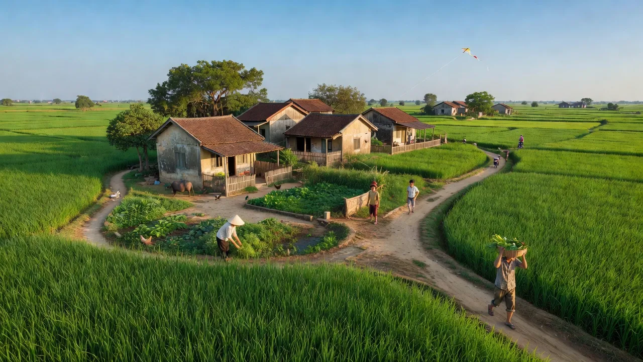 Khung cảnh xã Quang Trung, huyện An Lão, Hải Phòng với cánh đồng xanh và nhà cửa bình yên.