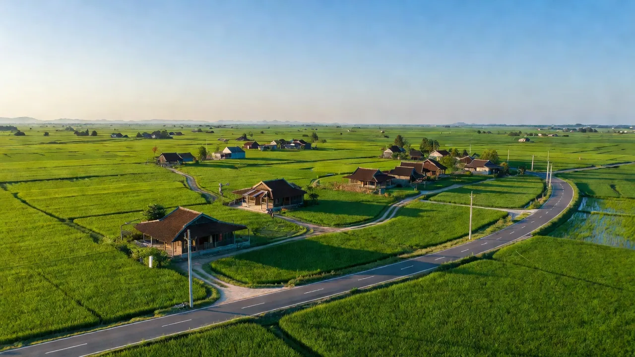 Quốc Tuấn village in An Lão, Hải Phòng, showcasing tranquil rural life with rice fields and traditional houses.