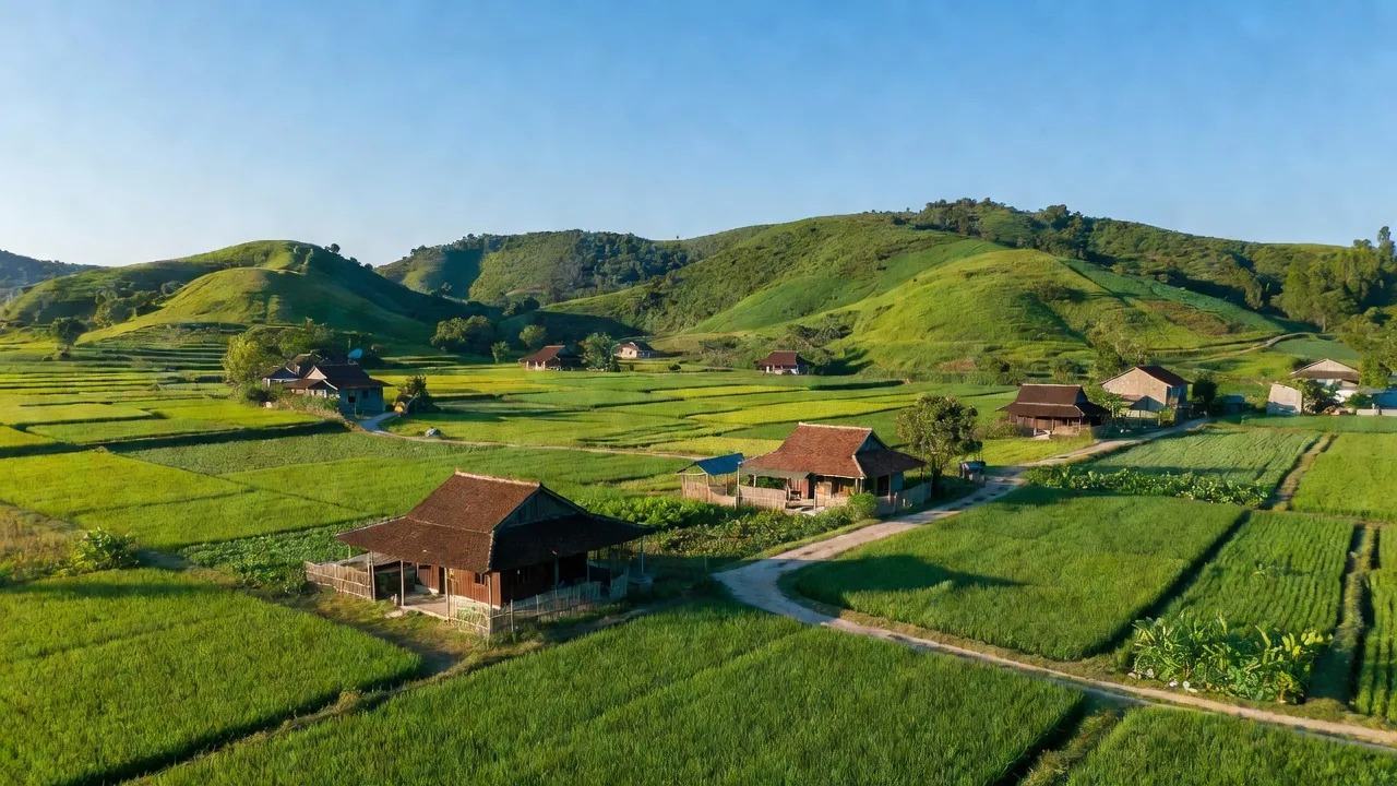 Khung cảnh yên bình xã Tân Dân, huyện An Lão, Hải Phòng với đồi xanh và nhà nông thôn.