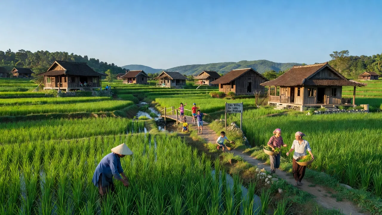 Quang cảnh xã Tân Viên huyện An Lão Hải Phòng với cánh đồng xanh và nhà truyền thống.