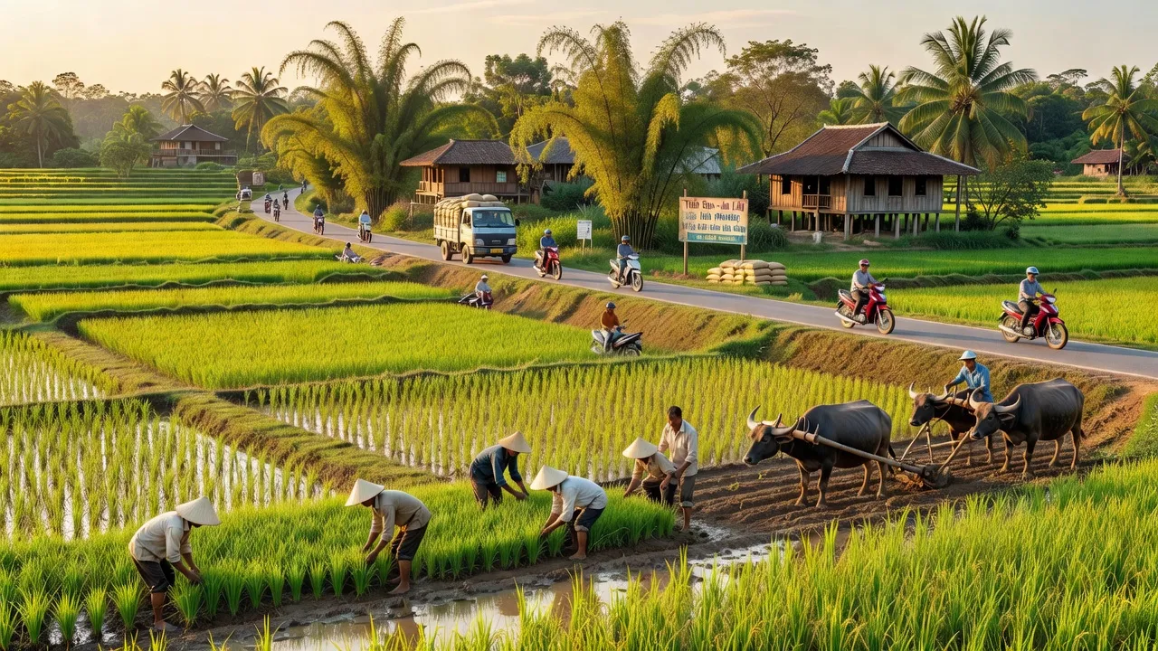 Cảnh đẹp xã Thái Sơn, huyện An Lão, Hải Phòng với cánh đồng xanh và nông nghiệp phát triển.
