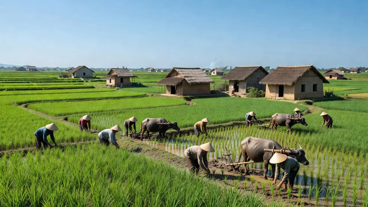 Khung cảnh nông thôn xã Thái Sơn, An Lão, Hải Phòng với cánh đồng xanh và nông dân chăm sóc cây trồng.