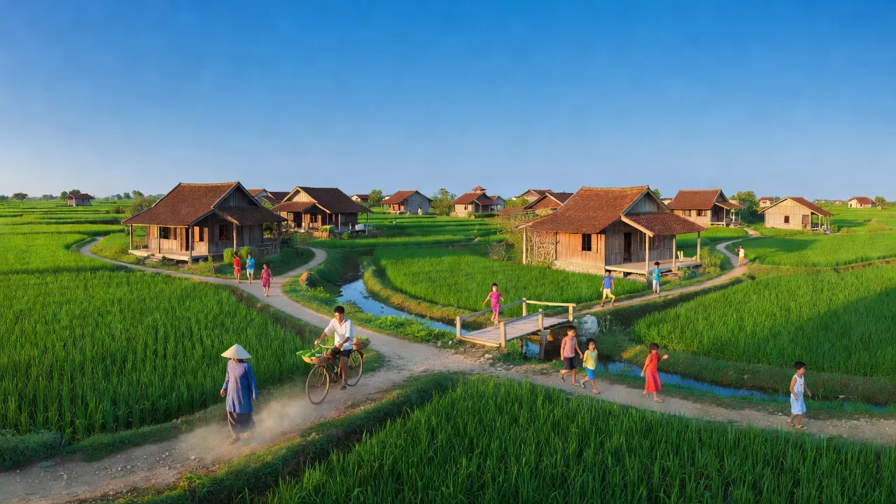 Khung cảnh thị trấn Trường Sơn, huyện An Lão, Hải Phòng với nhà truyền thống và đồng xanh.