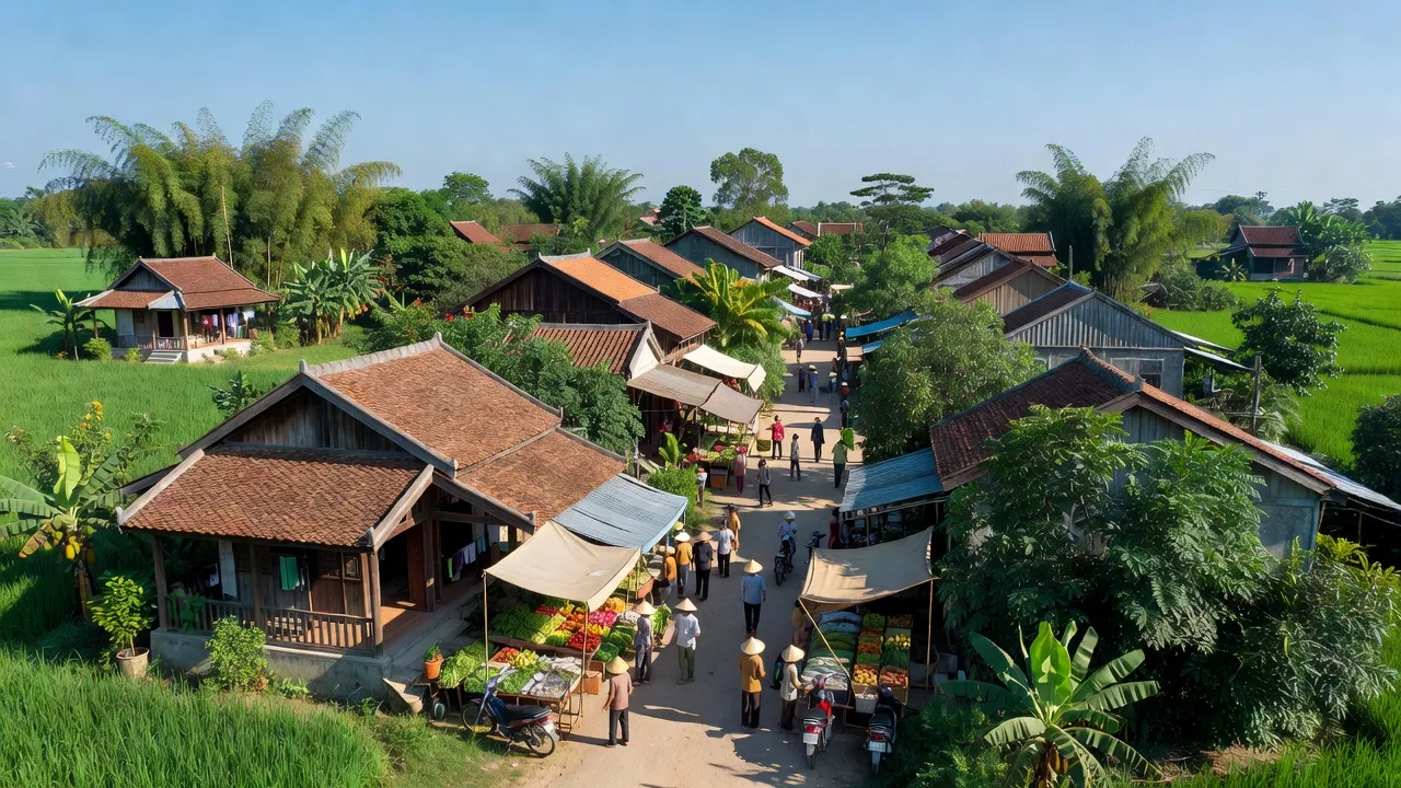 Thị trấn Trường Sơn, huyện An Lão, Hải Phòng với cảnh sắc xanh tươi và nhà cửa truyền thống.