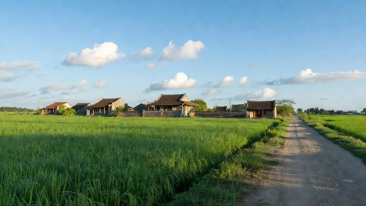 Cảnh quan đẹp tại xã Trường Thành, huyện An Lão, với đồng ruộng và nhà truyền thống ở Hải Phòng.
